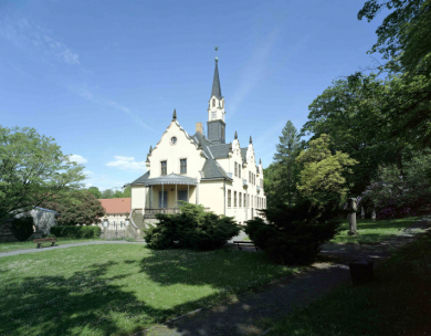 Ein Schloss mit Giebel und Turm steht inmitten eines grünen Parks mit Bäumen
