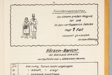Annonce und Börsenbericht aus einer humoristischen Festzeitung einer Abschlussklasse von Vermessungssteigern. In der Annonce ist links neben dem Textteil ein Brautpaar gezeichnet. Der Börsenbericht besteht aus einem humoristischen Text.
