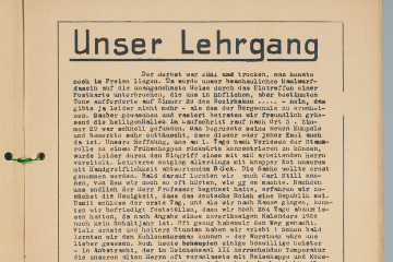 Erste Seite aus einer humoristischen Festzeitung einer Abschlussklasse von Vermessungssteigern. Unter dem Titel „Unser Lehrgang“ ist weiterer Text zu sehen.