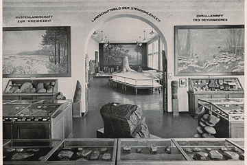 Der Blick in zwei Räume des Geologischen Museums zeigt Vitrinen mit Ausstellungsstücken und drei große Gemälde mit Darstellungen von Landschaften aus verschiedenen Abschnitten der Erdgeschichte.